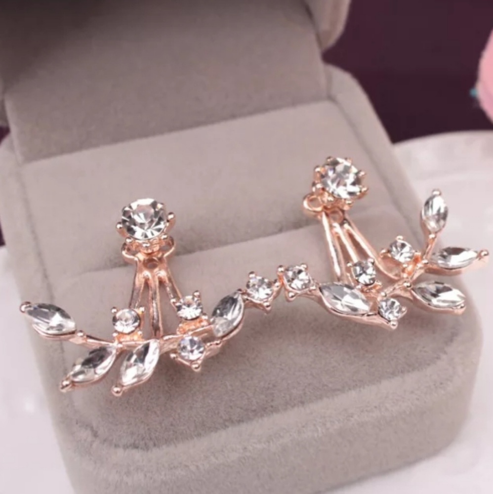 Crystal Flower Front Back Stud Earrings Rose Gold - Picture 2 of 3